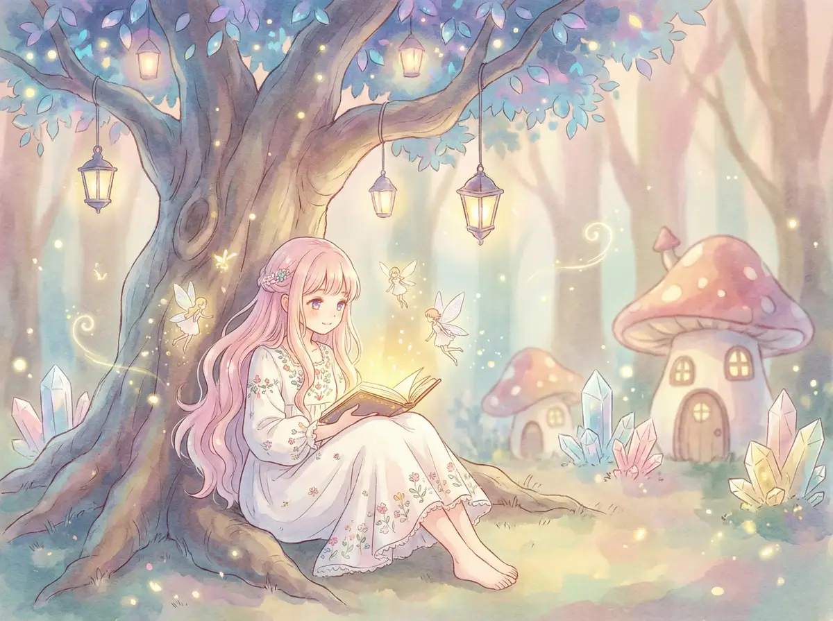 伊人久久大香线蕉综合 - 魔法森林中阅读故事书的粉发少女与精灵